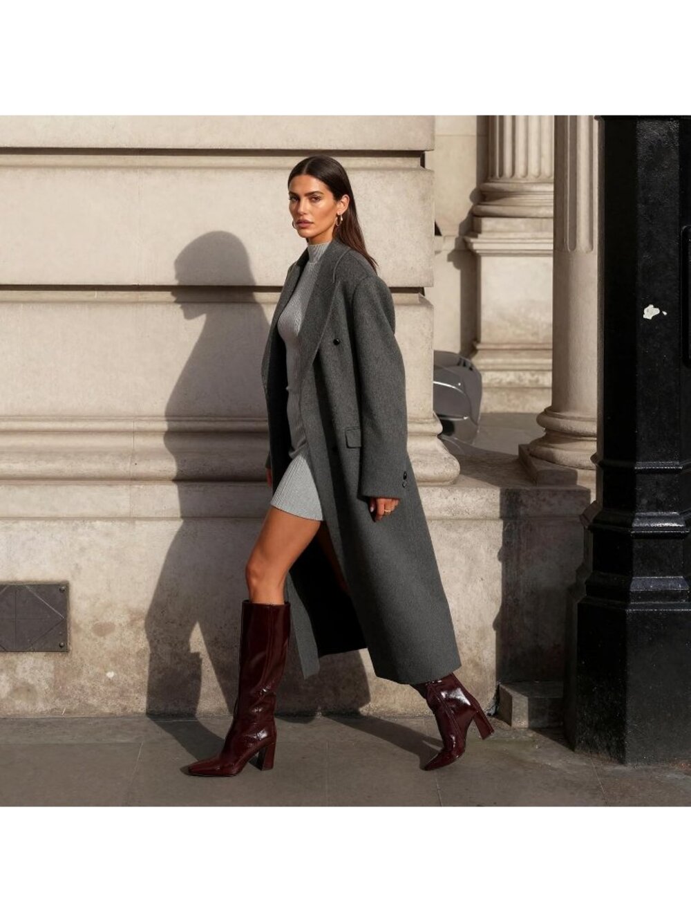 Women's Burgundy Faux Leather Square Toe Block Heel Side Zipper Knee High Boots - Picture 2 of 6